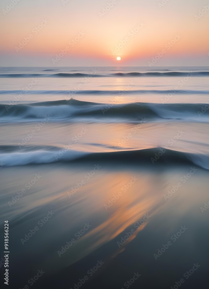 Obraz premium A serene ocean landscape with calm, rippling waves reflecting the warm, pastel-colored sky and bright sun in the distance, vertical stories social influencer format