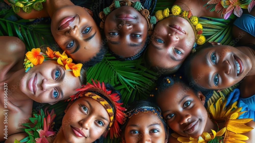 Obraz premium Diverse women in traditional attire and floral accessories lying in a circle, celebrating unity.