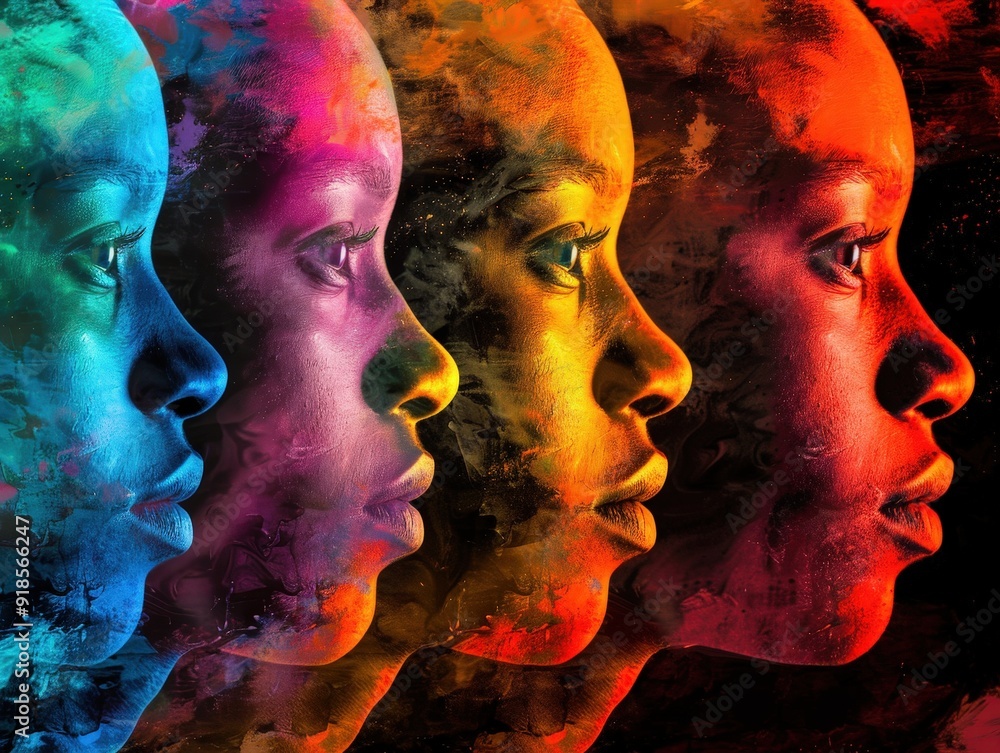Colorful side profiles of a woman symbolizing diversity and transformation. Colorful side profiles of a woman symbolizing diversity and transformation.