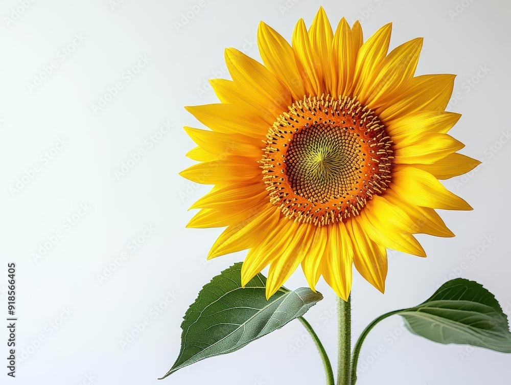 Obraz premium Close-up of a sunflower with perfectly aligned yellow petals and intricate center detail, illuminated against a crisp white background.