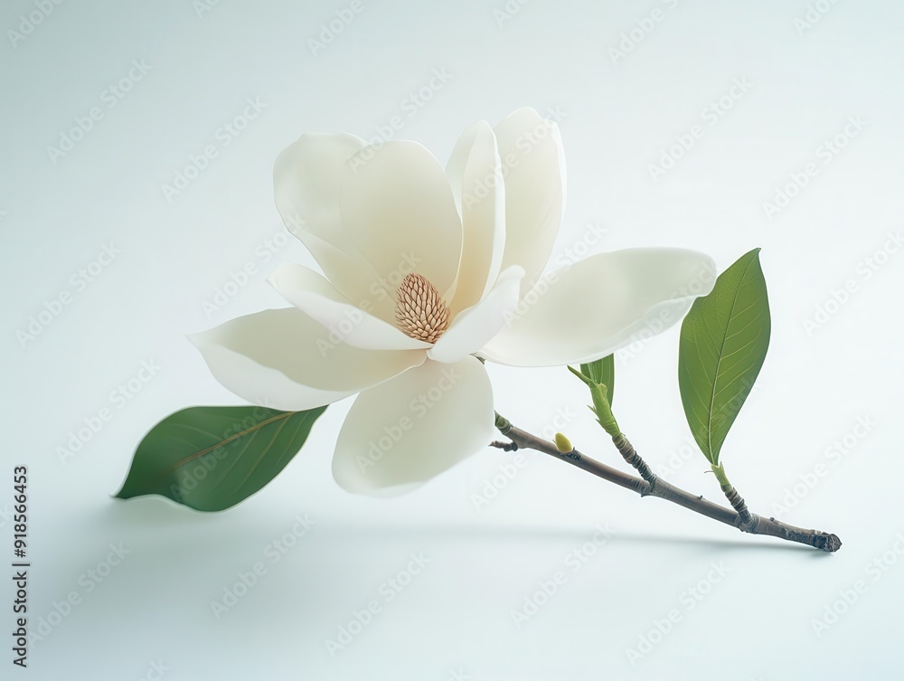 Close-up of a single magnolia blossom, fully open with white petals against a matching white background for a delicate, graceful effect. Close-up of a single magnolia blossom, fully open with white petals against a matching white background for a delicate, graceful effect.