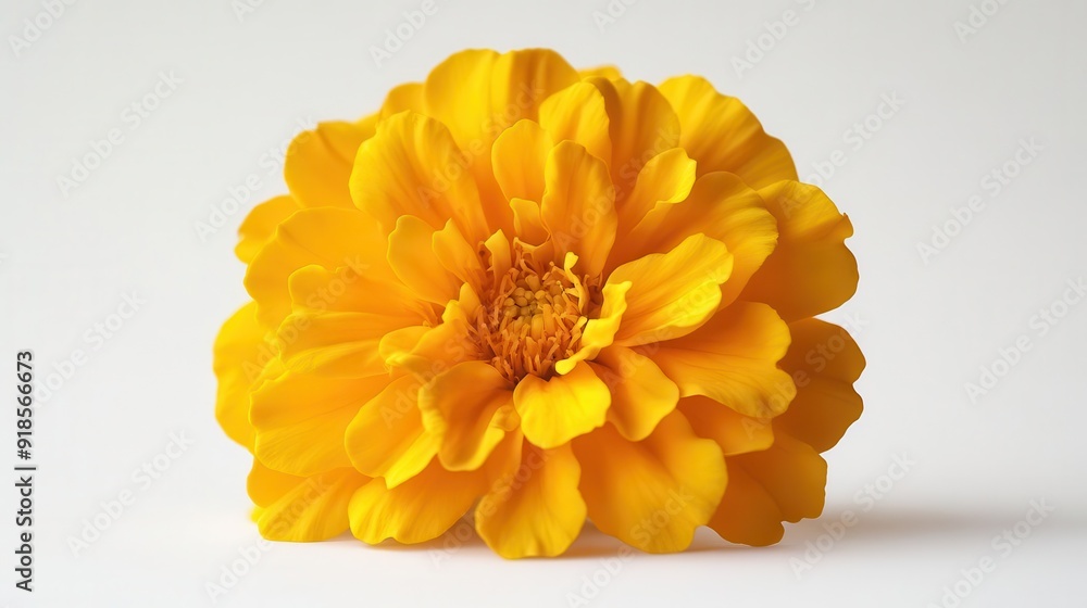 A bright yellow marigold flower with intricate petal details, placed against a white studio backdrop, radiates happiness and joy. A bright yellow marigold flower with intricate petal details, placed against a white studio backdrop, radiates happiness and joy.