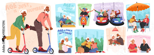 Happy Older People Engaging In Fun Activities, Riding Scooters, Dining, And Celebrating, Elderly Characters Exude Joy