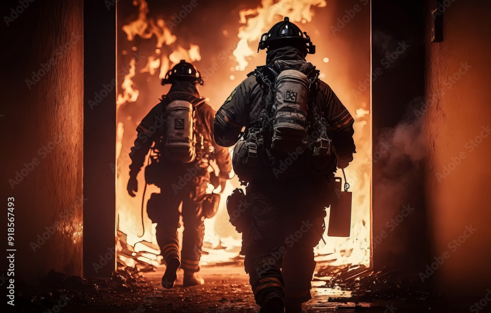 Firefighters work on fire. firemen walk in building Firefighters work on fire. firemen walk in building
