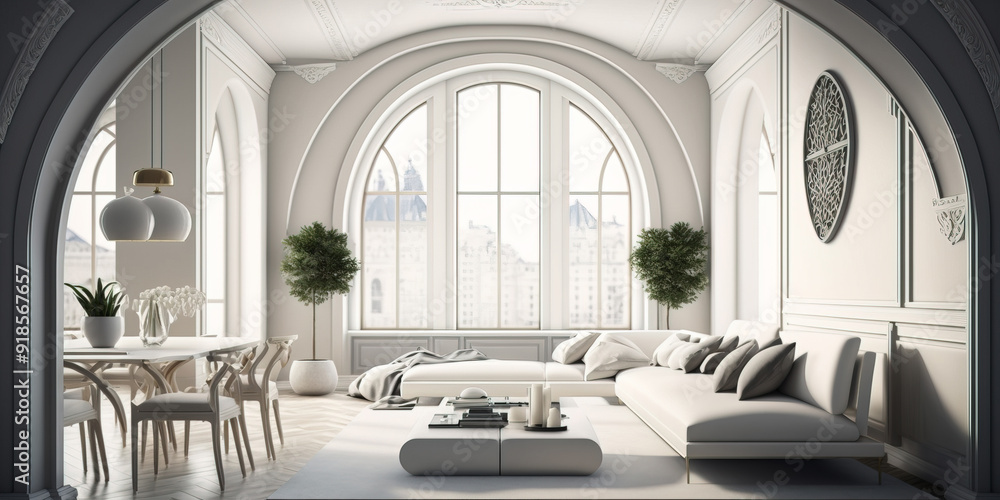 Fototapeta premium Beautiful snow-white luxury apartment interior. 