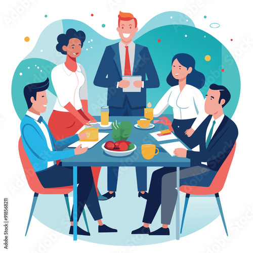 Illustration of a group of people sitting at a table with breakfast