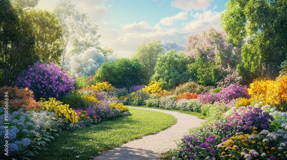 Fototapeta premium A realistic depiction of a garden in full bloom with colorful flowers, neatly trimmed bushes, and a path winding through well-tended plants and trees