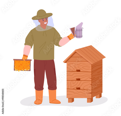 Beekeeper work with honeybee hive. Apiarist holds smoker and honeycomb frame flat vector illustration. Honey farmer scene