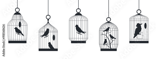 Birds cages silhouettes. Birds cages with domestic birds, canary, finch, cockatoo and budgie sitting in cages flat vector illustration set. Cages silhouette collection