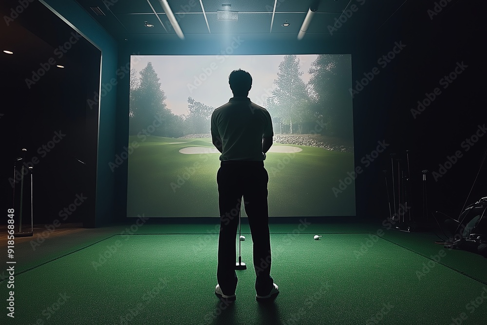 Fototapeta premium Golfer playing golf in indoor simulator Mixed media. golf simulator