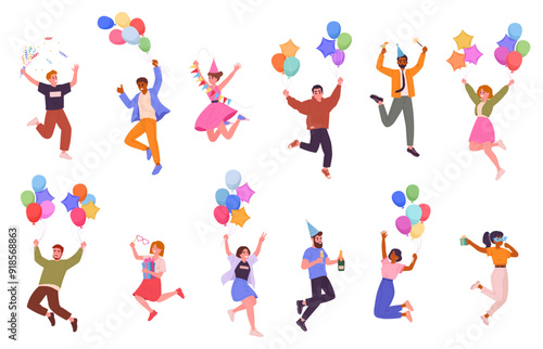 Wallpaper Mural Celebrating people. Happy men and women celebrate holiday, characters with gift box, balloons and champagne at Birthday party flat vector illustration set. Cheerful celebrating friends Torontodigital.ca