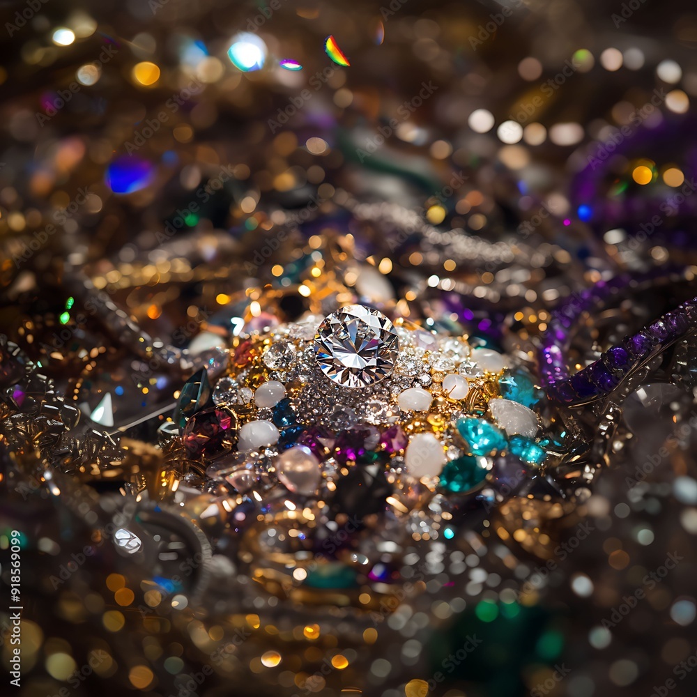 Close-Up of a Sparkling Diamond atop a Glittering Array of Gems and Treasures Close-Up of a Sparkling Diamond atop a Glittering Array of Gems and Treasures