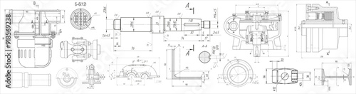 Vector engineering drawing of steel mechanical parts 
with through holes and dimension lines. Industrial 
cad scheme on paper sheet. Technology background.