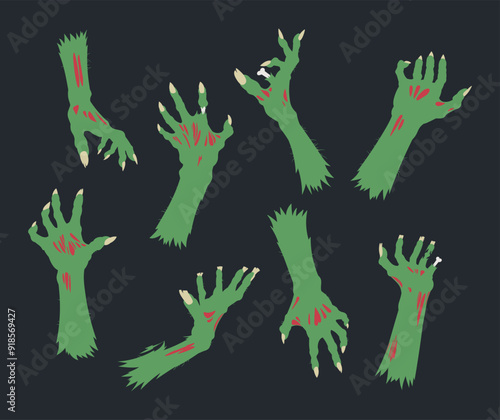 Halloween zombie arms. Creepy monsters hands with long nails, spooky horror green arms flat vector illustration set. Cartoon zombie arms