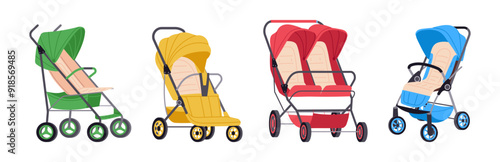 Kids strollers. Cartoon baby safety transports for outdoor walking, babies wheeled pramsuits flat vector illustrations set. Newborn children and toddlers pushchairs collection