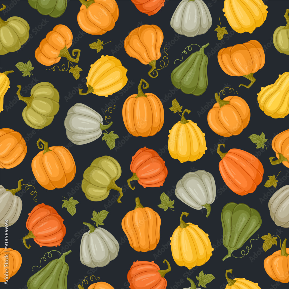 Pumpkins seamless pattern. Halloween autumn harvest vegetables endless design, thanksgiving or Halloween pumpkins decorations flat vector background illustration. Orange squash pattern Pumpkins seamless pattern. Halloween autumn harvest vegetables endless design, thanksgiving or Halloween pumpkins decorations flat vector background illustration. Orange squash pattern