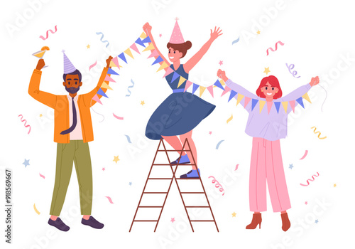 People celebrating birthday party. Happy male and female characters stringing up garland decoration flat vector illustration. Birthday party celebration concept