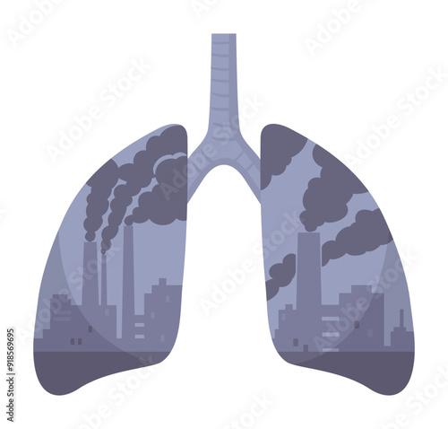Polluted lungs. Cartoon unhealthy respiratory system, environmental pollution human lungs metaphor flat vector illustration. Industrial factory smog pollution concept