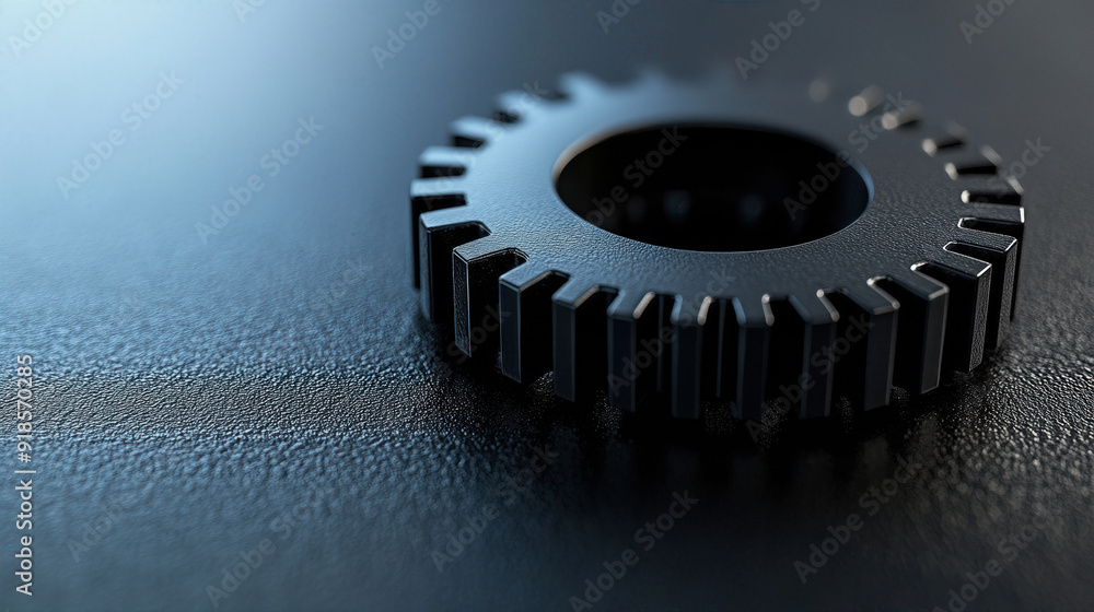 A close-up view of a black gear resting on a textured surface, showcasing intricate details and industrial design. A close-up view of a black gear resting on a textured surface, showcasing intricate details and industrial design.