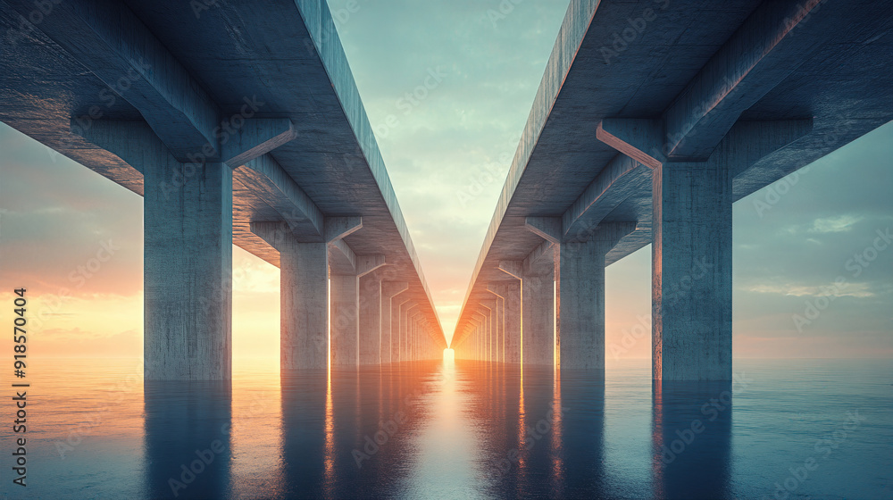 A stunning view of a bridge at sunset, showcasing vibrant colors and reflections over calm water, creating a serene atmosphere. A stunning view of a bridge at sunset, showcasing vibrant colors and reflections over calm water, creating a serene atmosphere.