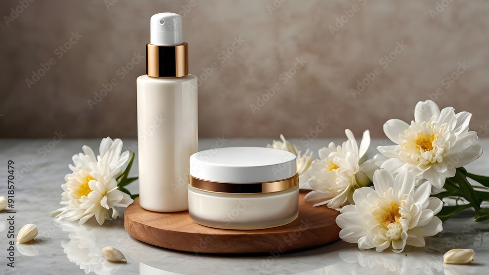 Advertisement of blank beauty cosmetic bottle and jar on podium. Skincare for face or body with white flowers. Mock up of floral showcase with hygienic product presentation Advertisement of blank beauty cosmetic bottle and jar on podium. Skincare for face or body with white flowers. Mock up of floral showcase with hygienic product presentation