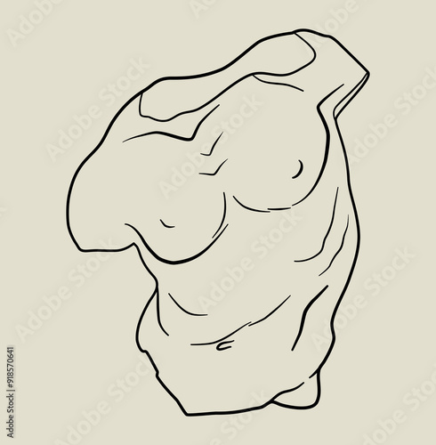 Classic antique statue in linear style. Male torso sketch.