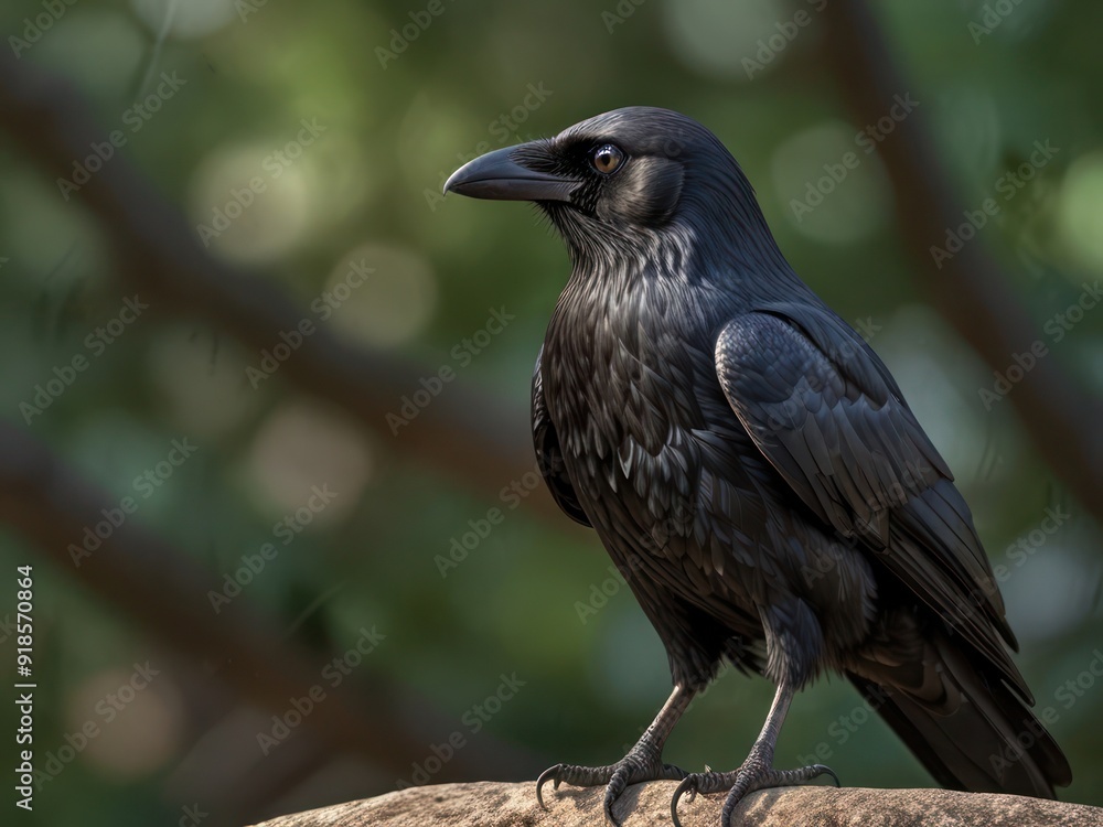 Watchful Crow Perched on a Tree Branch in Serene Forest Watchful Crow Perched on a Tree Branch in Serene Forest
