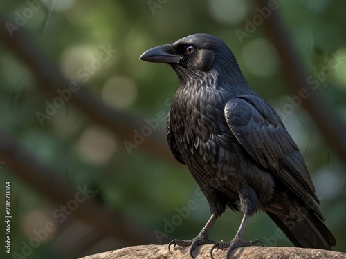 Watchful Crow Perched on a Tree Branch in Serene Forest