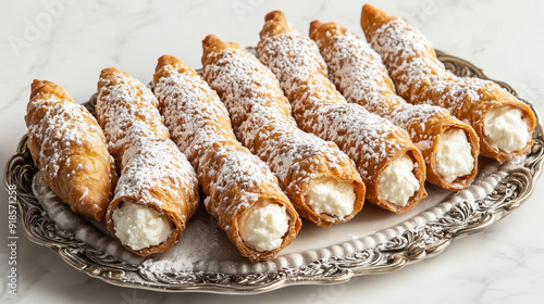 Platter of cannoli, with crispy shells filled with ricotta cheese mixture, arranged in a line