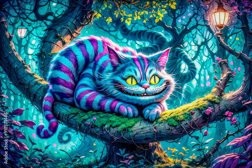 Cheshire Mysterious cat in the forest. Fantasy illustration
