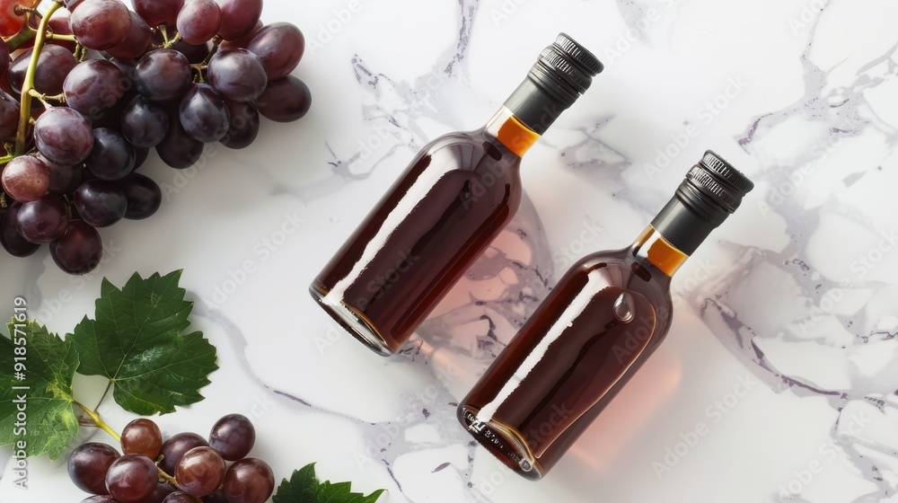 Contains a bunch of dark purple grapes and two bottles of a dark amber liquid, likely a type of wine or grape-based product Contains a bunch of dark purple grapes and two bottles of a dark amber liquid, likely a type of wine or grape-based product