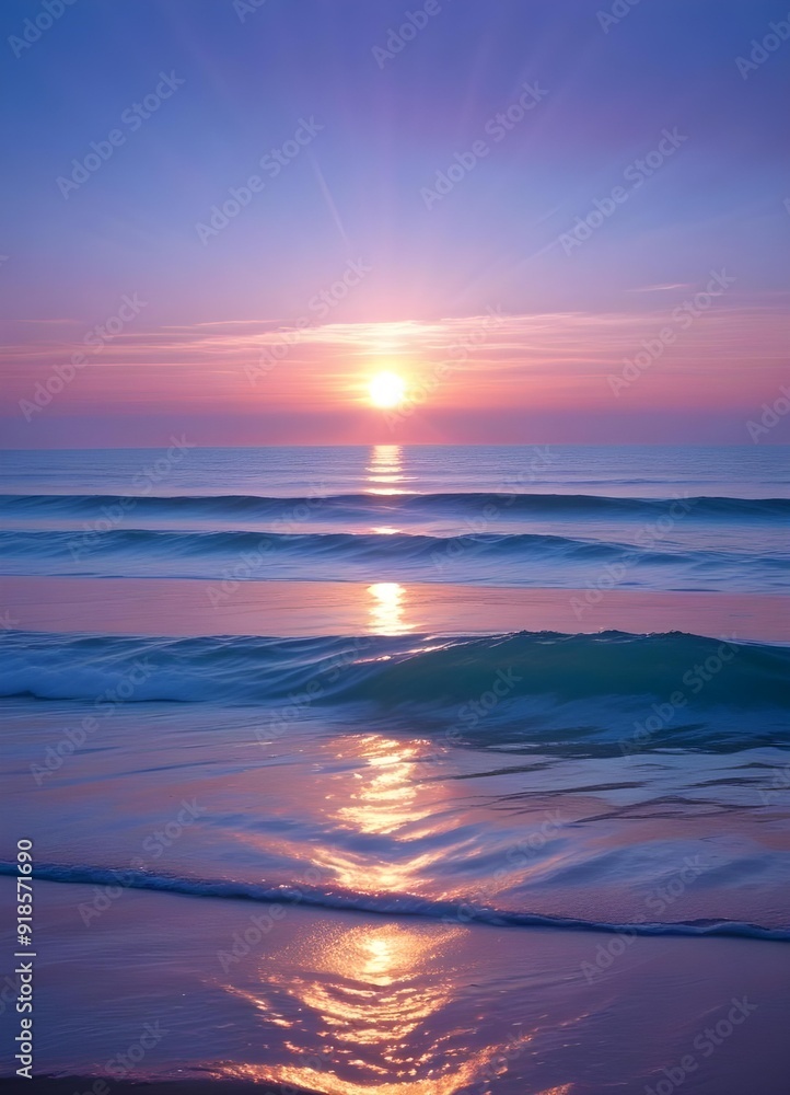 A serene ocean landscape with calm, rippling waves reflecting the warm, pastel-colored sky and bright sun in the distance, vertical stories social influencer format A serene ocean landscape with calm, rippling waves reflecting the warm, pastel-colored sky and bright sun in the distance, vertical stories social influencer format