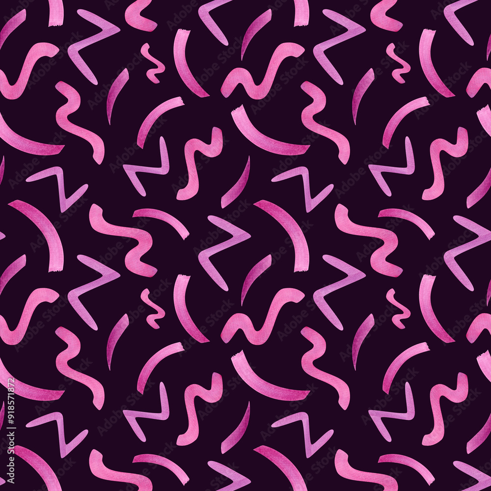 Naive magenta zigzag scribble. Line doodle seamless pattern. Abstract smooth texture. Watercolor illustration isolated on black background. For party design, celebration package, textile Naive magenta zigzag scribble. Line doodle seamless pattern. Abstract smooth texture. Watercolor illustration isolated on black background. For party design, celebration package, textile