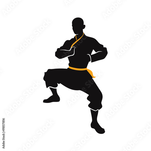 Male martial arts kung fu man standing posing silhouette vector, isolated white background