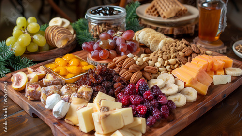 Serving platter with assorted sweets, nuts, fruits, honey