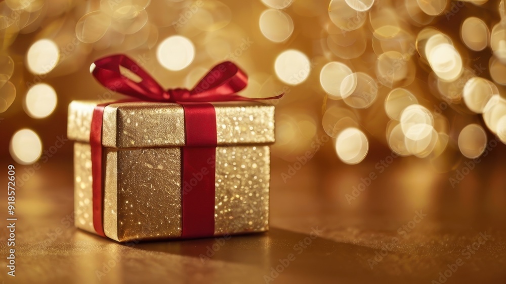 Christmas golden gift box with red ribbon on a wooden table with golden bokeh background. Holiday card, space for text Christmas golden gift box with red ribbon on a wooden table with golden bokeh background. Holiday card, space for text