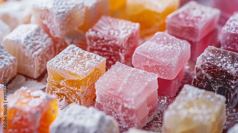 Variety of Turkish delight cubes, uniformly coated in powdered sugar Variety of Turkish delight cubes, uniformly coated in powdered sugar