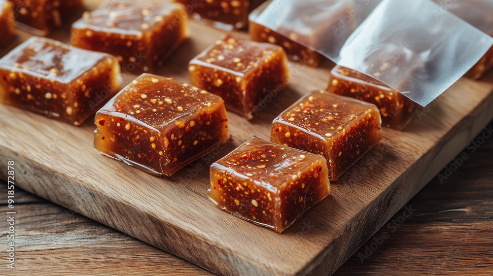 Wooden cutting board with chili-infused caramel pieces wrapped in cellophane Wooden cutting board with chili-infused caramel pieces wrapped in cellophane