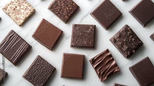 Assorted dairy-free chocolate squares laid out on a marble surface with visible filling layers