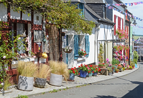 Street decorated with plants, flowers and flags in the old part of Saint Valery sur Somme in France