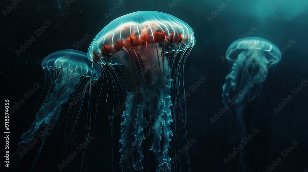 Giant jellyfish swimming in dark water Giant jellyfish swimming in dark water