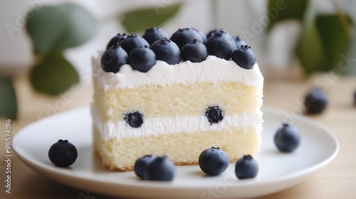 Japanese fluffy cake topped with blueberries on plate