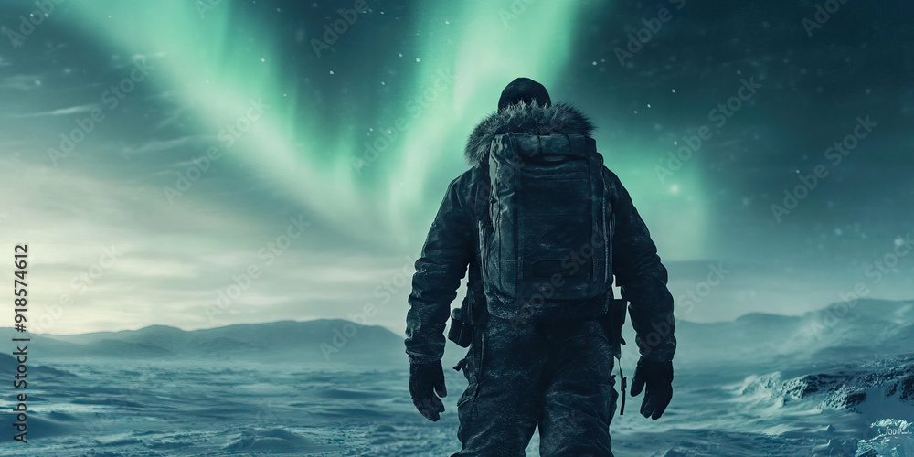 Chilly Arctic Explorer: A brave explorer donning thick winter gear, trekking across a vast expanse of icy tundra, with the Northern Lights dancing above Chilly Arctic Explorer: A brave explorer donning thick winter gear, trekking across a vast expanse of icy tundra, with the Northern Lights dancing above