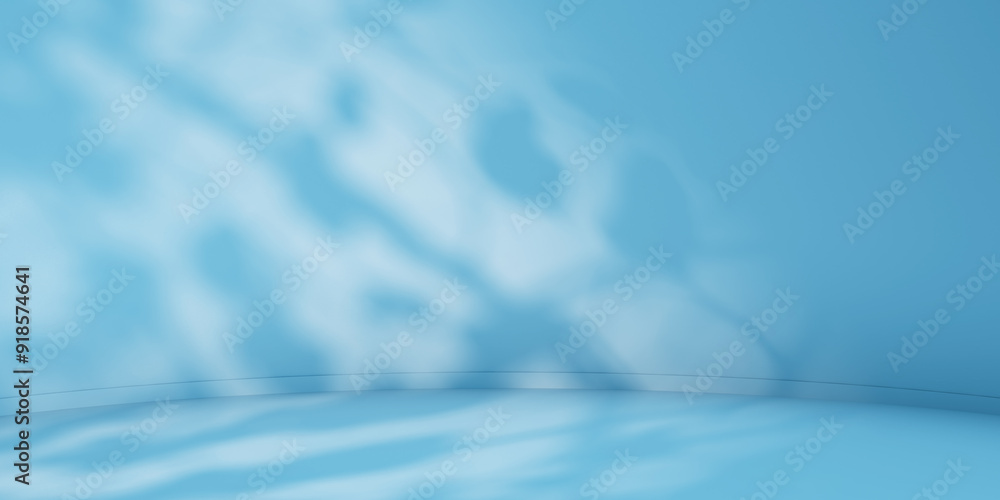Blue minimalist curved studio for product presentation. Empty room with shadows of tree leaves. 3d room background with copy space. 3d render illustration Blue minimalist curved studio for product presentation. Empty room with shadows of tree leaves. 3d room background with copy space. 3d render illustration