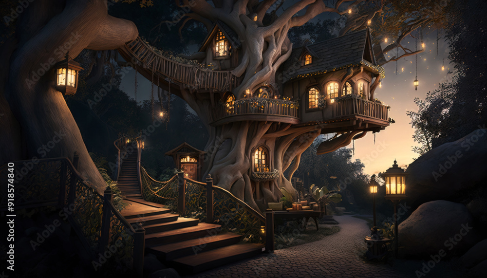 Obraz premium Beautiful fairytale treehouse village. Surreal mystical fantasy artwork