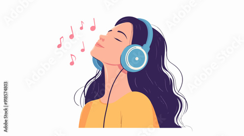 Illustration of a beautiful girl listening to music on headphones. Relaxation.