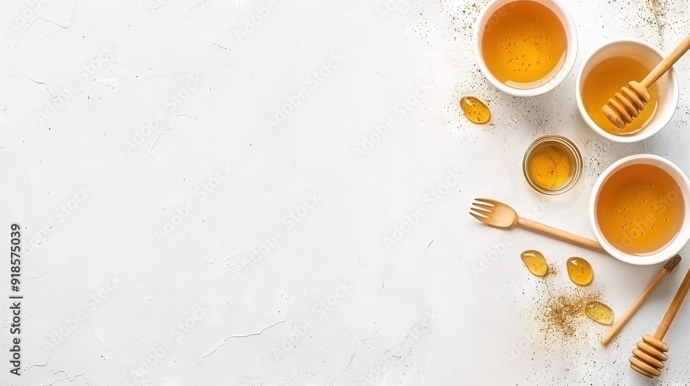 Three cups of honey on a white tabletop, viewed from above Spoons and honeycombs nearby Three cups of honey on a white tabletop, viewed from above Spoons and honeycombs nearby