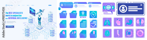 Artificial Intelligence Landing page Isometric. The best specialists work in conjunction with Artificial Intelligence. Page Our Team of the medical