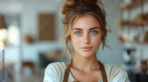 Young woman with blue eyes smiles while standing in a cozy, well-lit kitchen during daytime