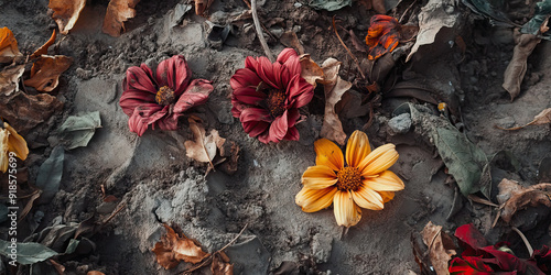 Buried hope a makeshift memorial flowers wilting on a gravestone in graveyard.